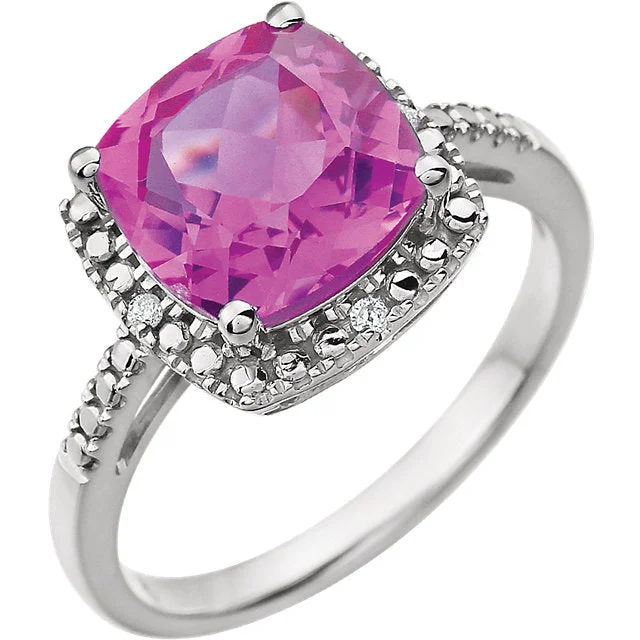 Ladies Rings with Pink Tourmaline-14k White Gold 9mm Cushion Cut Created Pink Sapphire & Diamond Halo-Style Ring