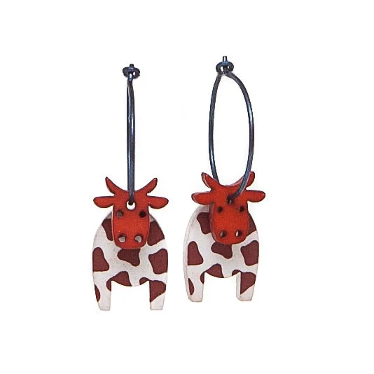 Ladies Earrings with Pink Tugtupite-Lene Lundberg K-Form Brown and White Cow Earrings