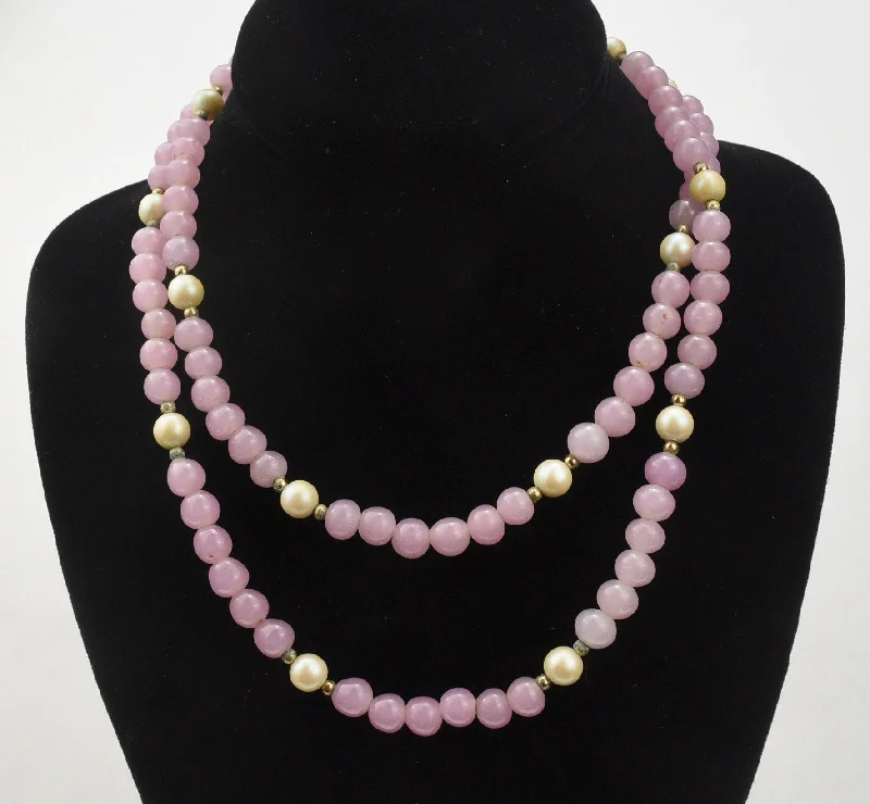 Ladies abstract flow necklaces -Pink Glass, Faux Pearl and Brass Bead Necklace - 36"