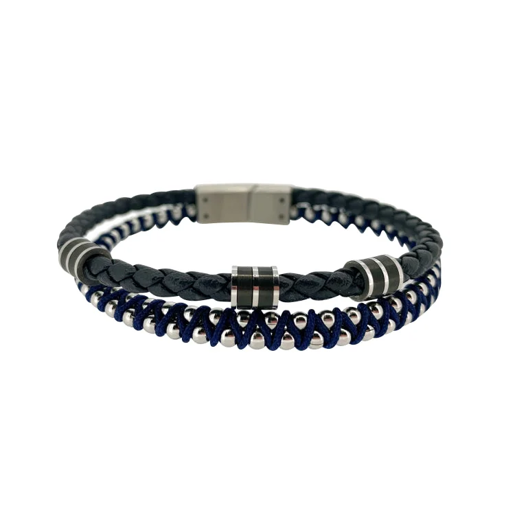 Leaf cascade bracelets -Navy Blue Leather 2 Cord Bracelet With Stainless Steel Beading