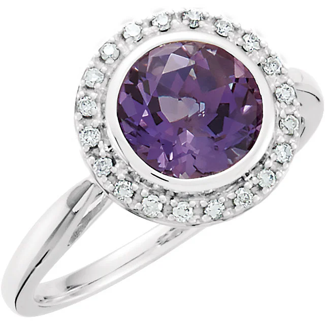 Ladies Rings with Petal Spark-14K White Gold Round Amethyst & 1/8 CTW Diamond Halo Ring