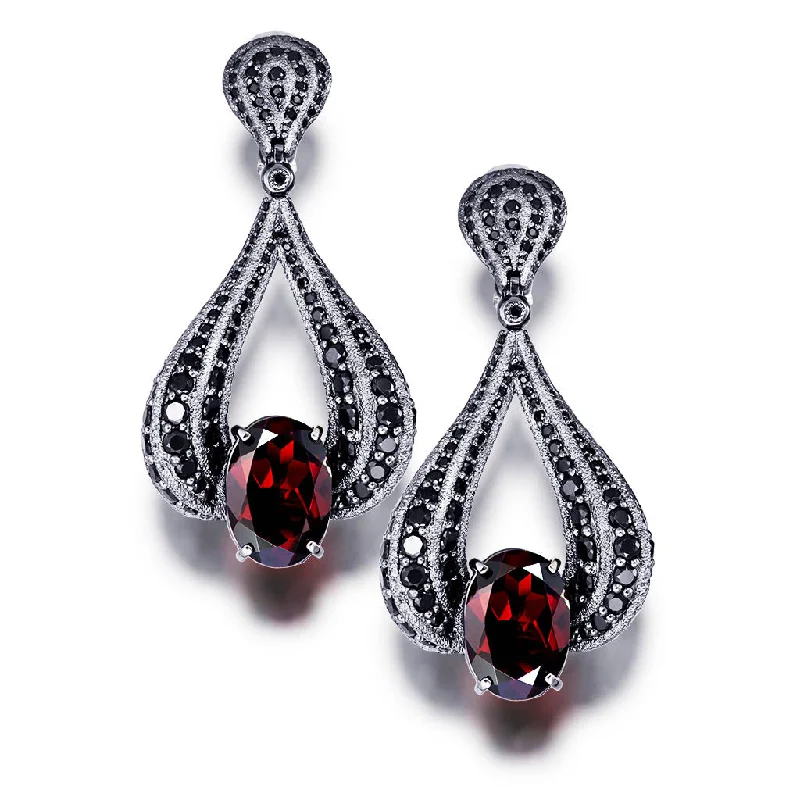 Ladies Earrings for Date Glow-Gold Twist Earrings With Garnet & Black Spinel