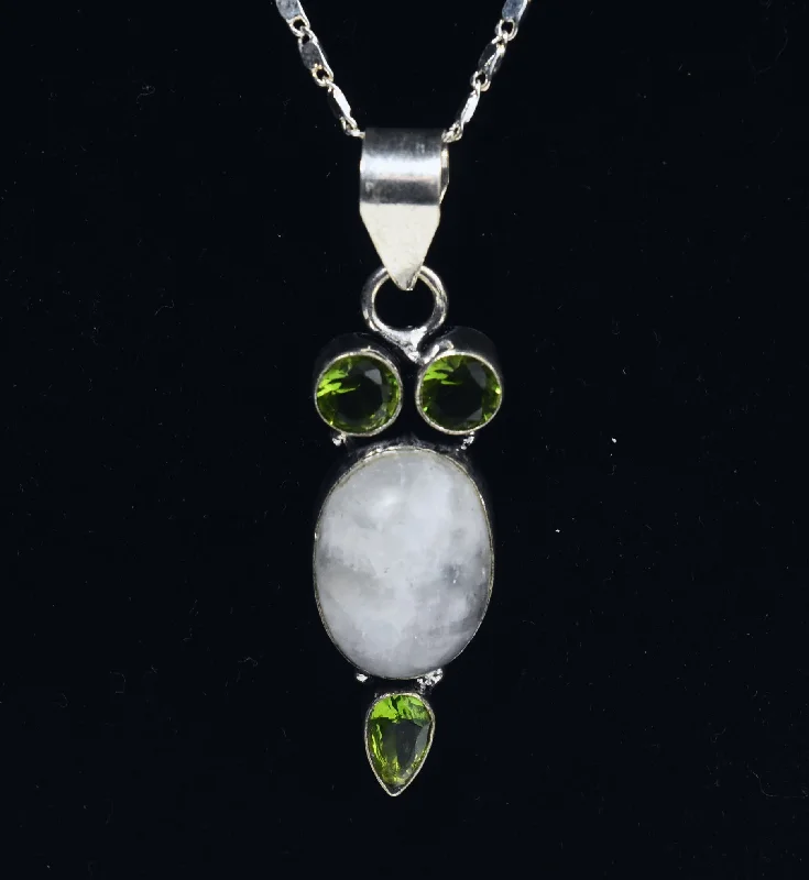 Ladies monogrammed charm necklaces -Blue Flash Moonstone and Peridot Sterling Silver Pendant on Sterling Silver Chain Necklace