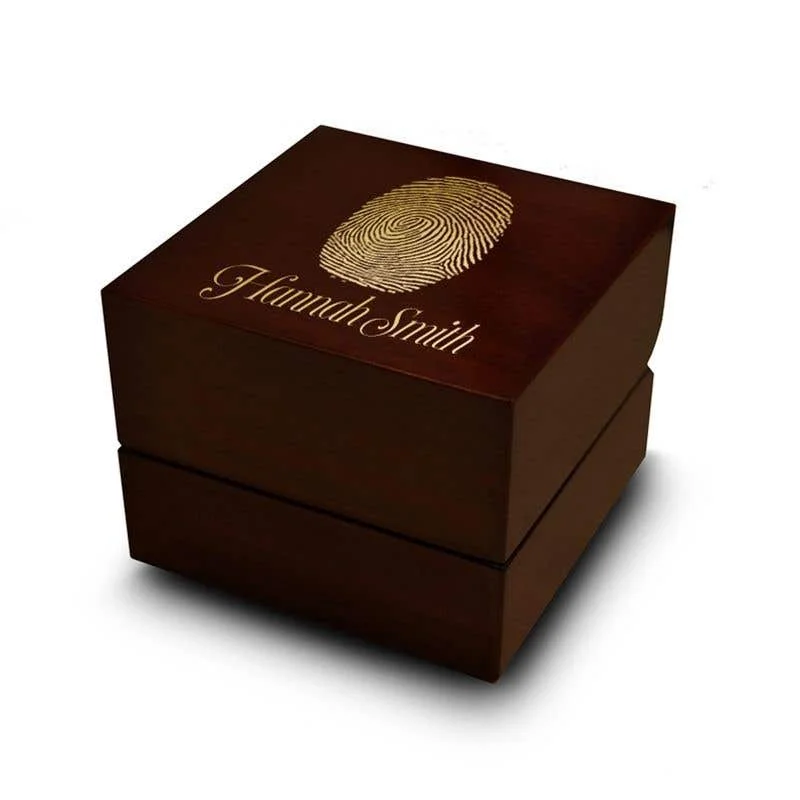 Ladies Engagement Rings with Uvarovite Shine-Fingerprint Engraved Wood Ring Box Chocolate Dark Wood Personalized Wooden Wedding Ring Box