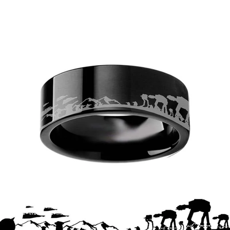 Ladies Rings with Leaf Glow-Thorsten Hoth Battle Star Wars Alliance Galactic Imperial Invasion ATAT ATST Black Tungsten Engraved Ring - 4mm - 12mm