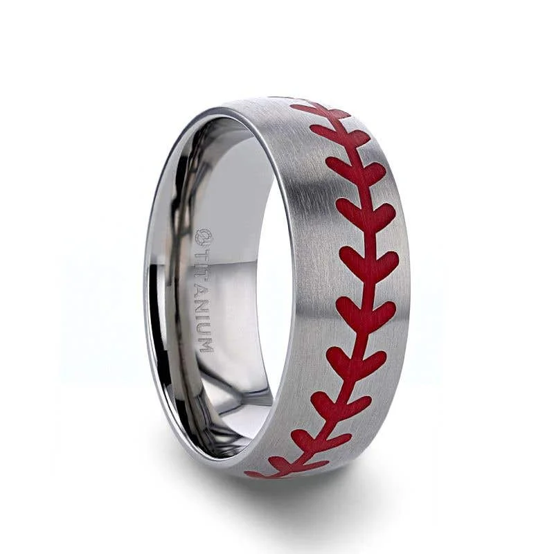 Ladies Rings with Diamond Shine-Thorsten DIMAGGIO Titanium Brushed Finish Ring with Red Baseball Stitching Pattern - 8mm