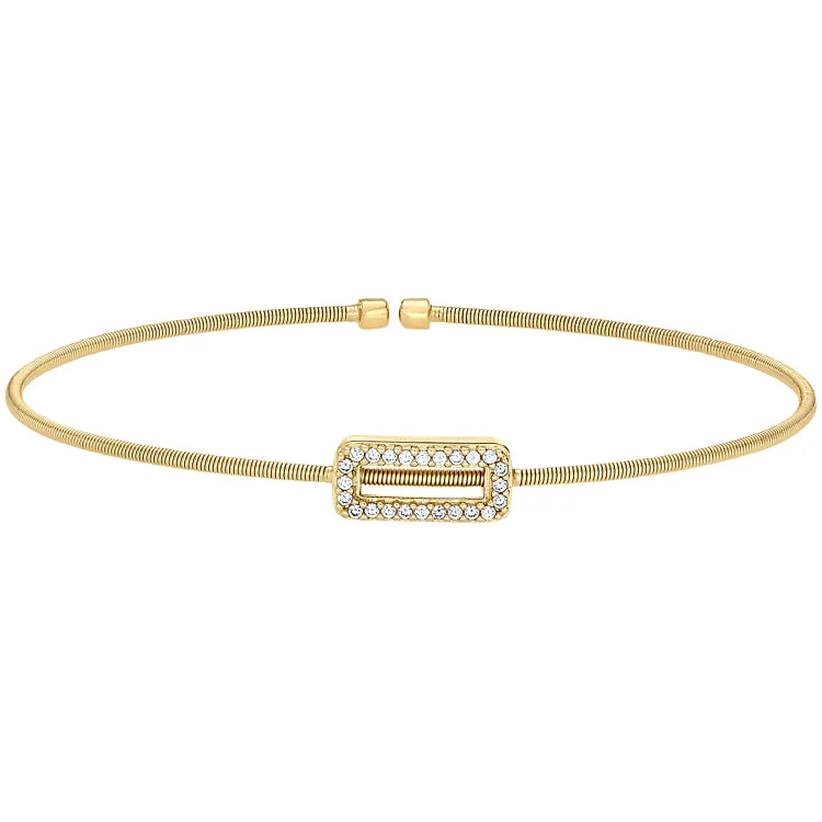 Signature style bracelets -Gold Finish Sterling Silver Cable Cuff Bracelet with Simulated Diamond Open Rectangle