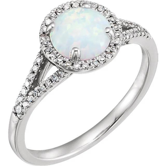 Ladies Rings Infinite Spark-14k White Gold Round Gemstone & 1/5 CTW Diamond Halo Ring