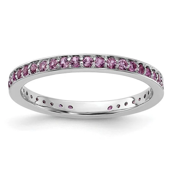 Ladies Rings with Etched Spark-Sterling Silver Stackable Expressions Created Pink Sapphire Ring