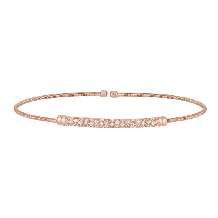 Romantic heart bracelets -Rose Gold Finish Sterling Silver Cable Cuff Bracelet with Three Rows of Simulated Diamond Birth Gems - April