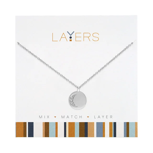 Ladies ornate layered necklaces -Silver CZ Cresent Moon Layers Necklace