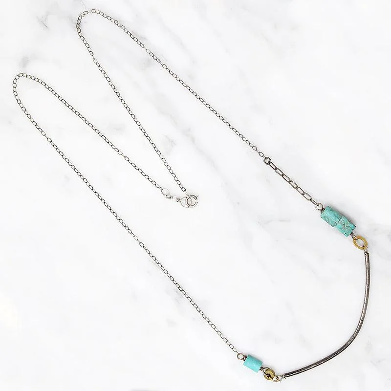 Ladies sleek lariat necklaces -Summery Silver, Turquoise & Brass Bead Necklace by Brin