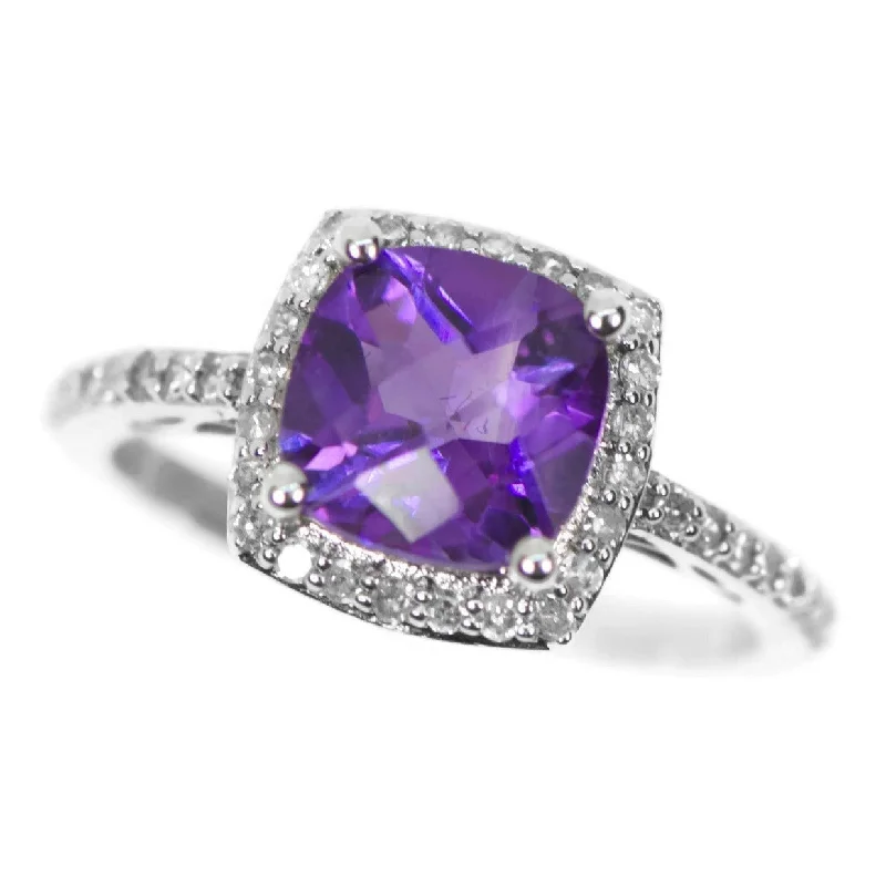 Ladies Rings for Design Shine-14k White Gold Cushion Amethyst and Diamond Halo Ring