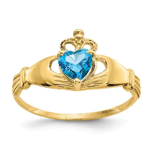 Ladies Rings with Square Glow-14k Yellow Gold Blue Heart Polished Claddagh Ring