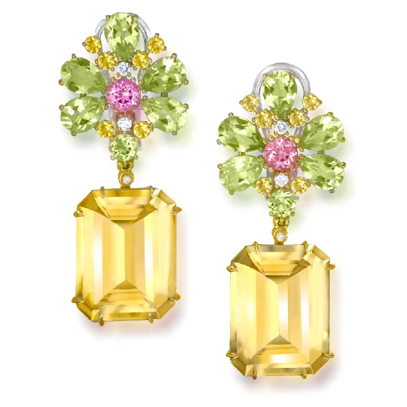 Ladies Earrings Thin Spark-Gold Blossom Earrings with Citrine & Lemon Quartz