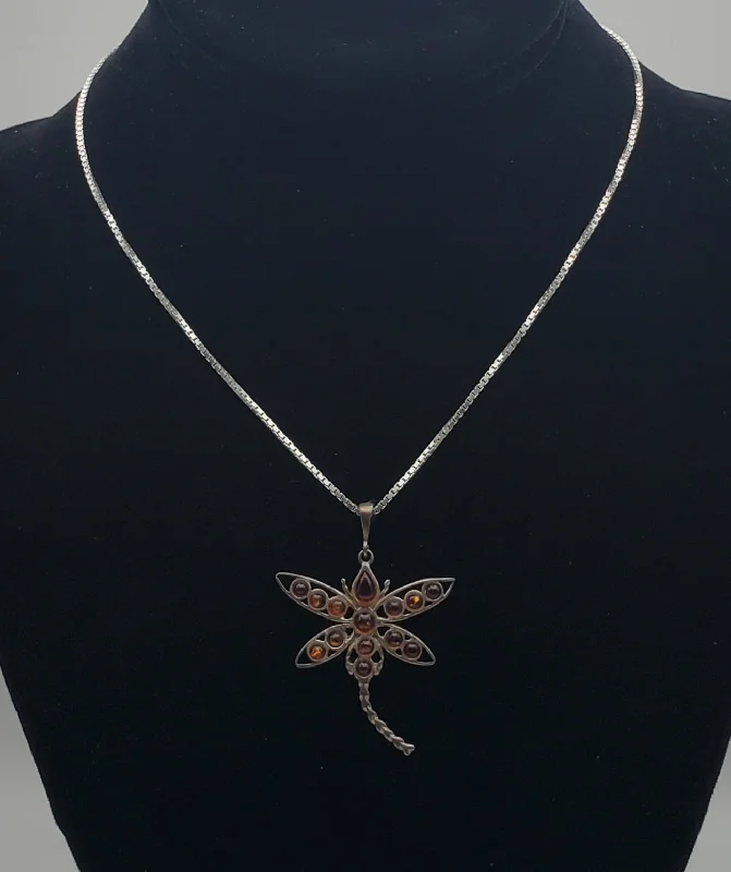 Ladies galactic flare necklaces -Vintage Amber Cabochon Dragonfly Sterling Silver Pendant on Sterling Silver Chain Necklace - 16"