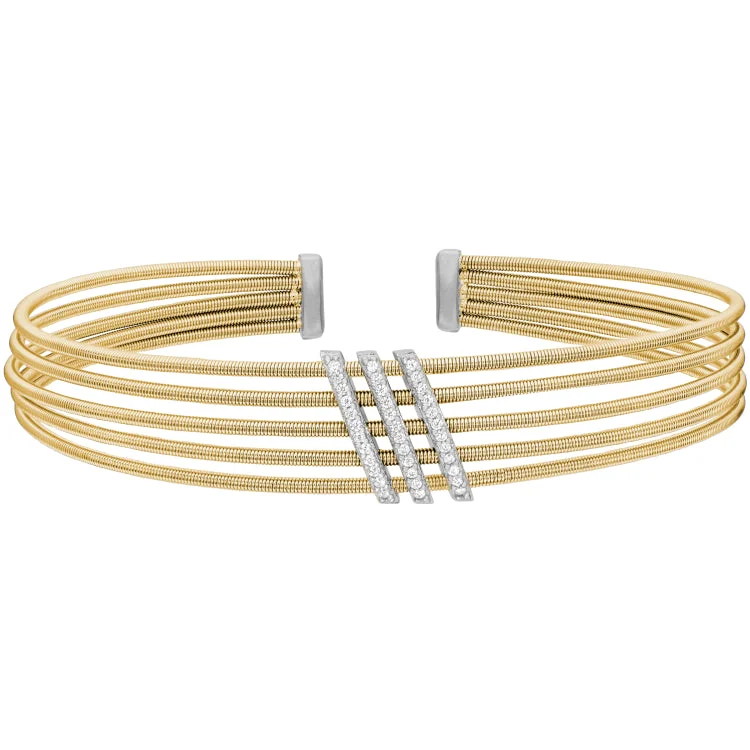 Glossy finish bracelets -Gold Finish Sterling Silver Multi Cable Cuff Bracelet with Rhodium Finish Simulated Diamond Three Diagonal Bars