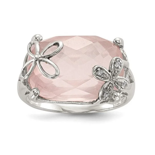 Ladies Rings with Clear Zircon-Sterling Silver Rose Quartz and White Sapphire Floral Ring