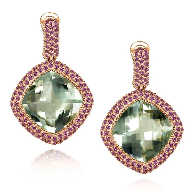 Ladies Earrings with Amber Scapolite-Rose Gold Royal Earrings with Green Amethyst & Garnet