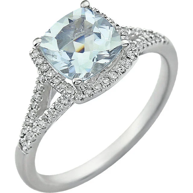 Ladies Rings Eternity Shine-14K White Gold 7mm Cushion Cut Aquamarine & Diamond Halo Ring