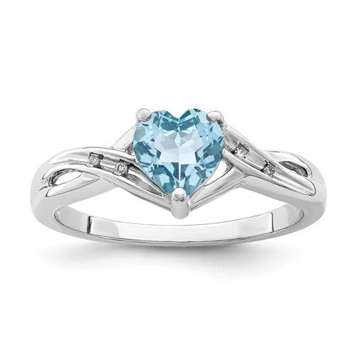 Ladies Rings Braided Shine-Sterling Silver Diamond & Light Swiss Blue Topaz Heart Ring