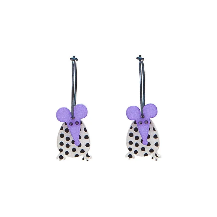 Ladies Earrings with Feather Shine-Lene Lundberg K-Form White and Black Spotty Lilac Head Mice Earrings