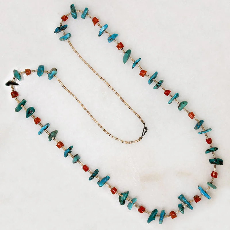 Ladies knotted cord necklaces -Long Turquoise, Coral & Heishi Bead Necklace