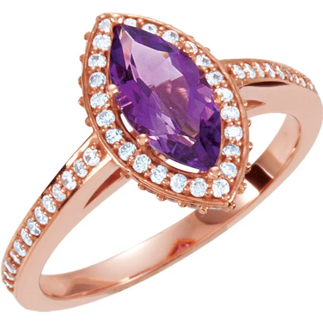 Ladies Rings with Custom Spark-14K Rose Gold Marquise Amethyst & 1/3 CTW Diamond Ring