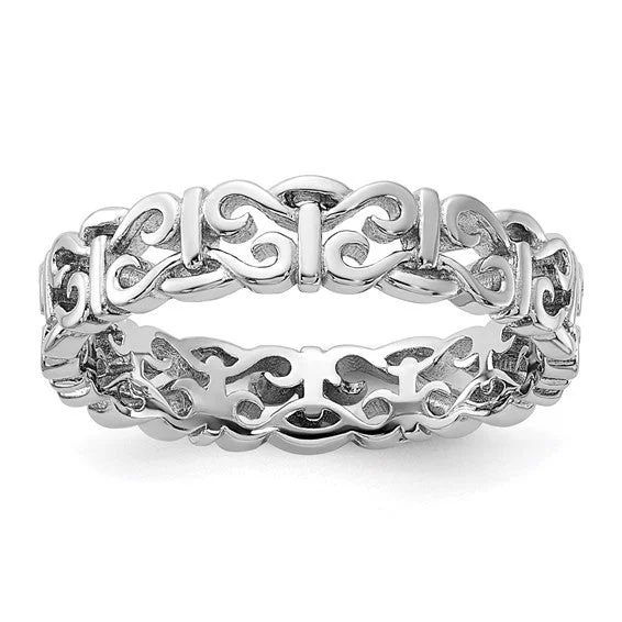 Ladies Rings with Feather Glow-Sterling Silver Stackable Expressions Carved Band Ring