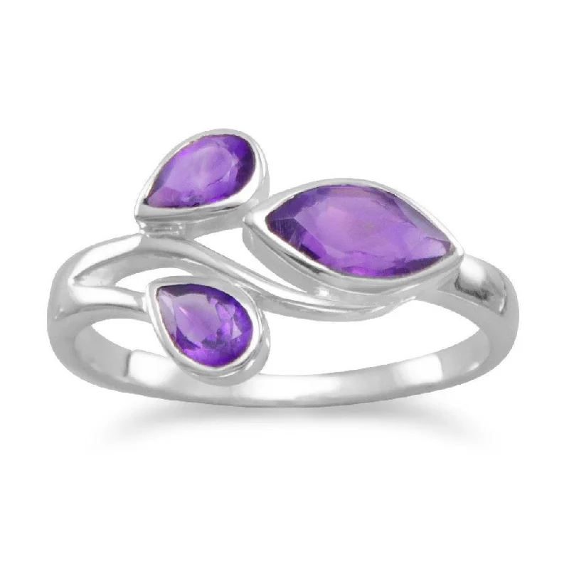 Ladies Rings with Petal Spark-Sterling Silver Pear and Marquise Amethyst Ring