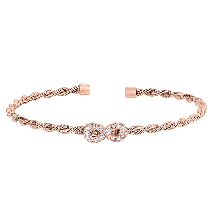 Baroque splendor bracelets -Rose Gold Finish Sterling Silver Thin Tightly Twisted Cable Cuff Bracelet with Infinity with Simulated Diamonds