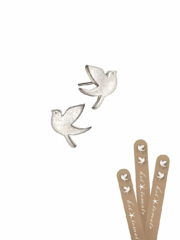 Ladies Earrings with Feather Shine-Hot Tomato Birdie Stud Earrings in Stainless Steel and Worn Silver Finish