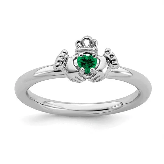 Ladies Rings with Bright Sunstone-Sterling Silver Stackable Expressions Created Emerald Claddagh Ring