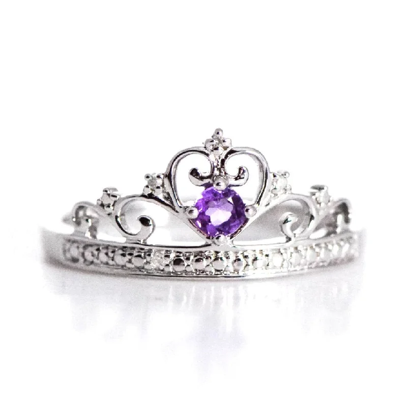 Ladies Rings with Sunny Citrine-Sterling Silver Genuine Amethyst and Diamond Princess Crown Ring