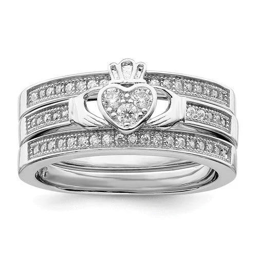 Ladies Rings with White Muscovite-Sterling Silver Claddagh Pave Trio Set Rings