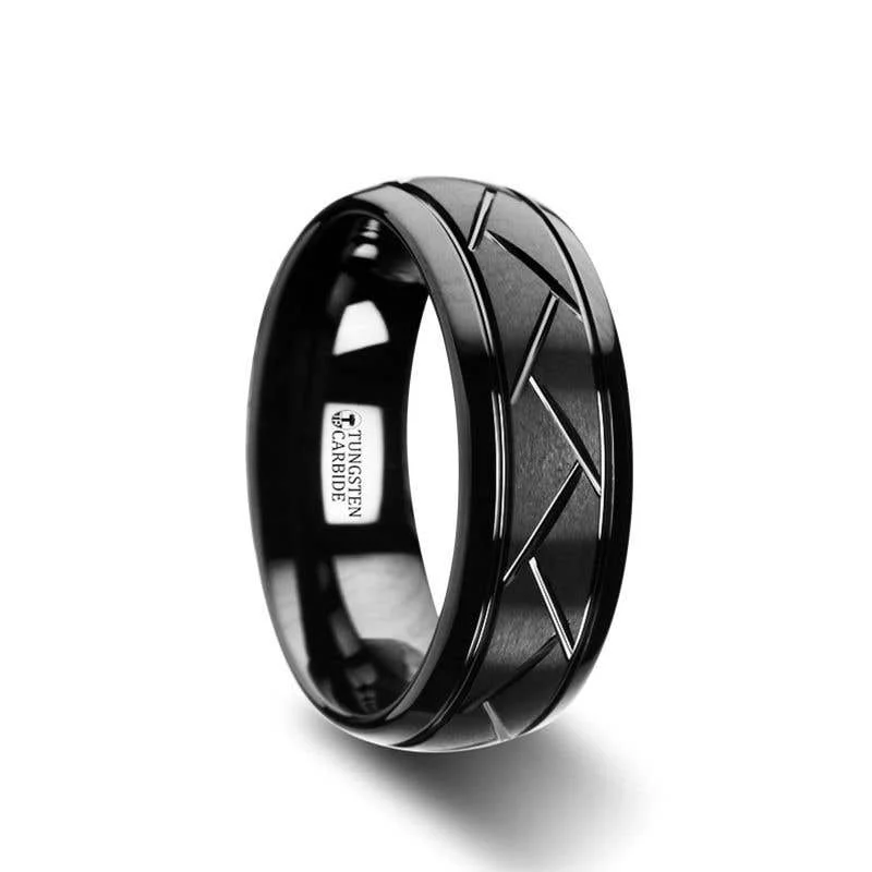 Ladies Rings Boho Spark-Thorsten ENIGMA Domed Black Tungsten Ring with Brushed Cross Alternating Diagonal Cuts Pattern - 8mm