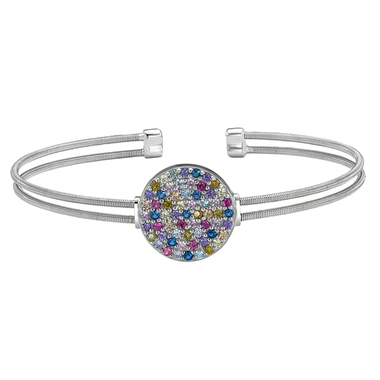 Luxe platinum bracelets -Rhodium Finish Sterling Silver Two Cable Cuff Confetti Bracelet with Multi Colored Simulated Diamonds