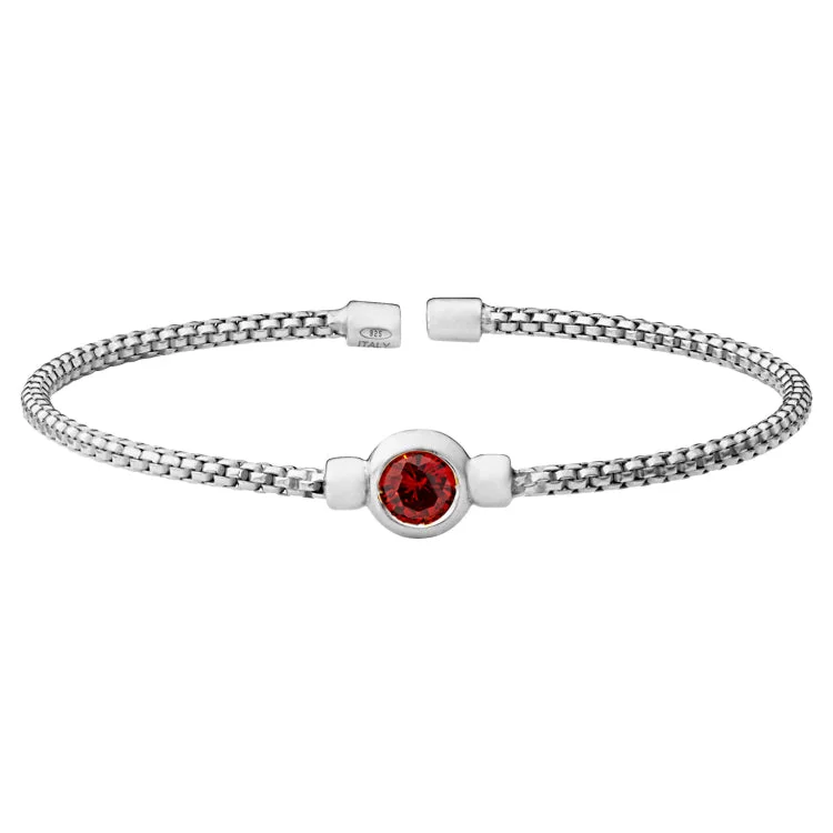 Triangle drop bracelets -Rhodium Finish Sterling Silver Rounded Box Link Cuff Bracelet with Bezel Set Simulated Garnet Birth Gem