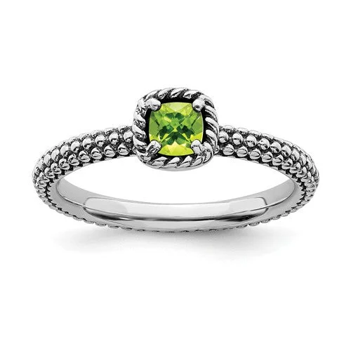 Ladies Rings with Teal Chrysocolla-Sterling Silver Stackable Expressions Checker-Cut Cushion Peridot Antiqued Ring