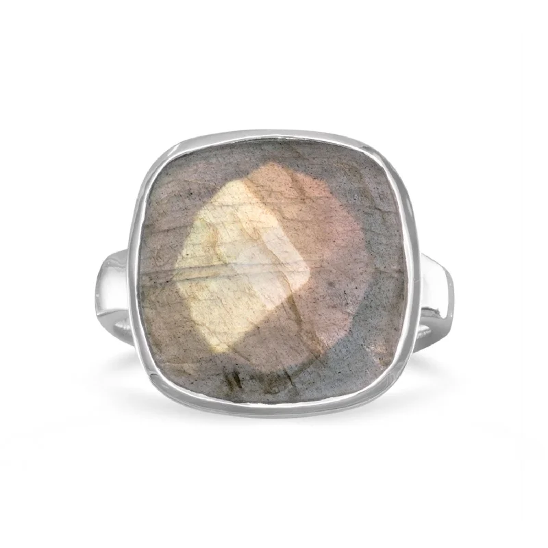 Ladies Rings for Student Spark-Sterling Silver Large Checkerboard Faceted Cushion Cut Labradorite Ring