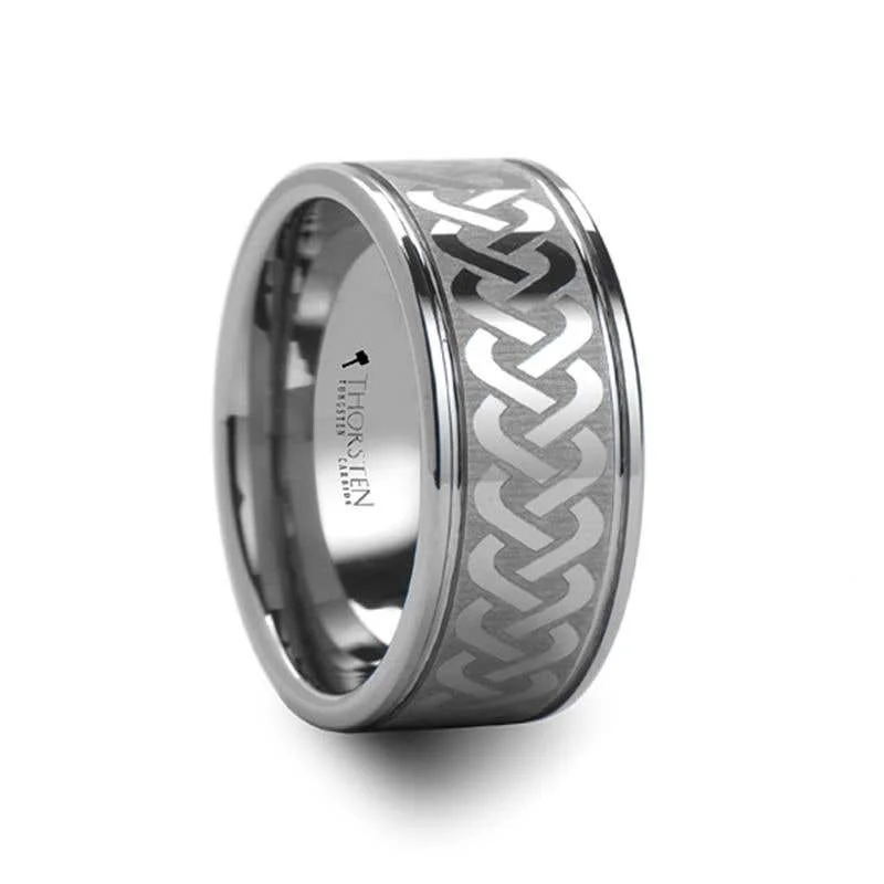 Ladies Engagement Rings with Rosasite Glow-Thorsten MCKINNEY Celtic Knot Laser Engraved Tungsten Wedding Ring Wide - 10mm