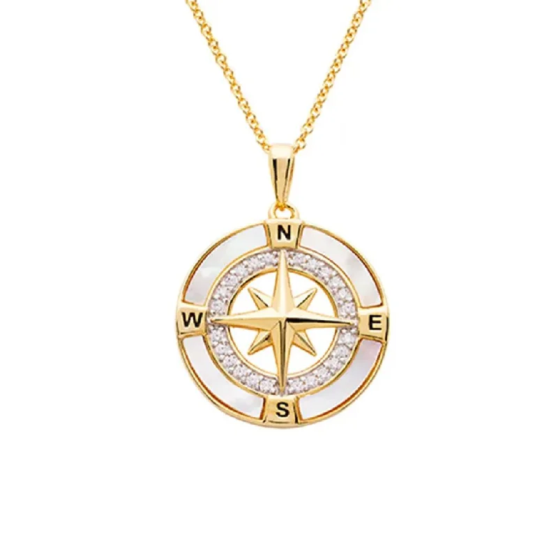 Ladies anniversary gleam necklaces -Ocean : Compass Necklace - 14kt Gold Vermeil  MOP CZ