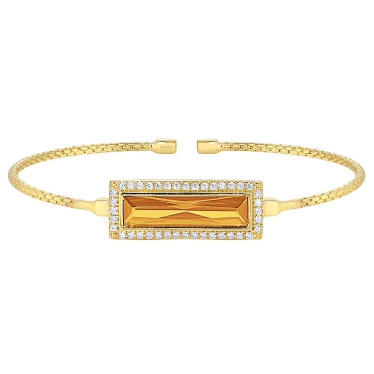 Fauna inspired bracelets -Gold Finish Sterling Silver Cable Cuff Bracelet with Rectangular Simulated Citrine Stone and Simulated Diamonds