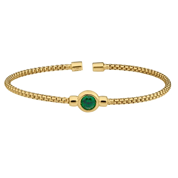 Breezy summer bracelets -Gold Finish Sterling Silver Rounded Box Link Cuff Bracelet with Bezel Set Simulated Emerald Birth Gem