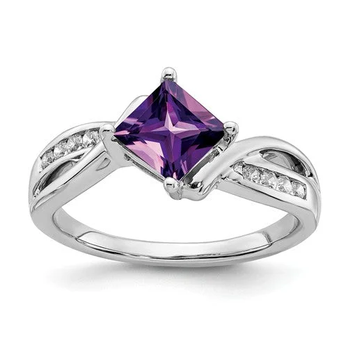 Ladies Rings with Mauve Sugilite-14k White Gold Amethyst Square and Diamond Ring