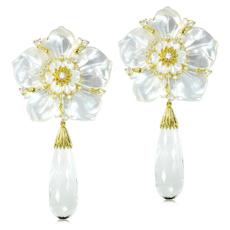 Ladies Earrings Curved Shine-Blossom Convertible Earrings with Quartz & Carved Mother Of Pearl