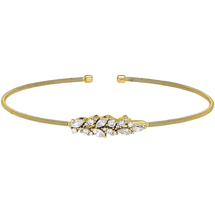 Polished work bracelets -Gold Finish Sterling Silver Cable Cuff Bracelet with Simulated Diamond Leaf Pattern