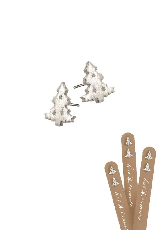 Ladies Earrings for Founder Shine-Hot Tomato Mini Christmas Trees Earrings in Stainless Steel With Worn Silver Finish