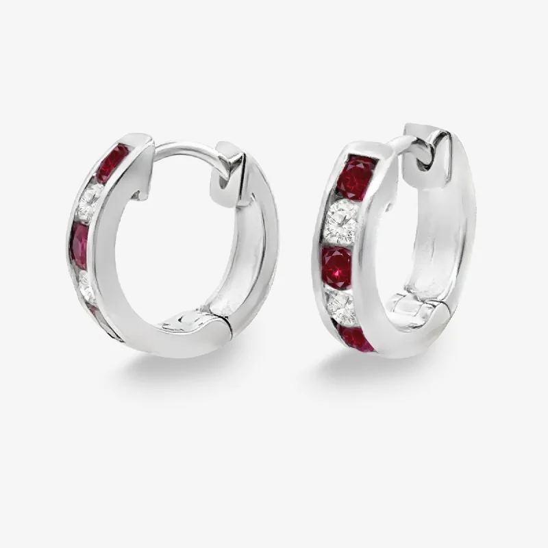 Ladies Earrings with Lock Spark-Ruby & Diamond Channel Set Huggie Earrings