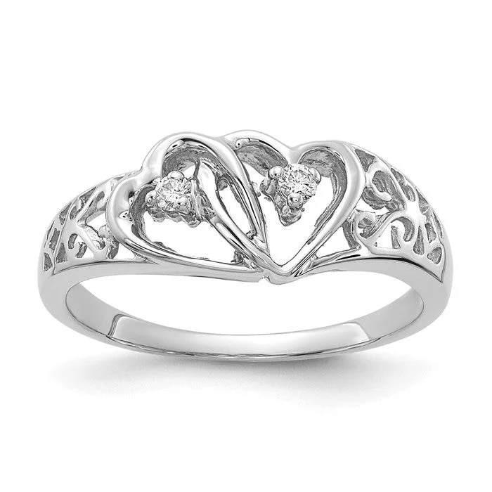 Ladies Rings with Pure Okenite-14k White Gold VS Diamond 2 Stone Filigree Double Heart Ring